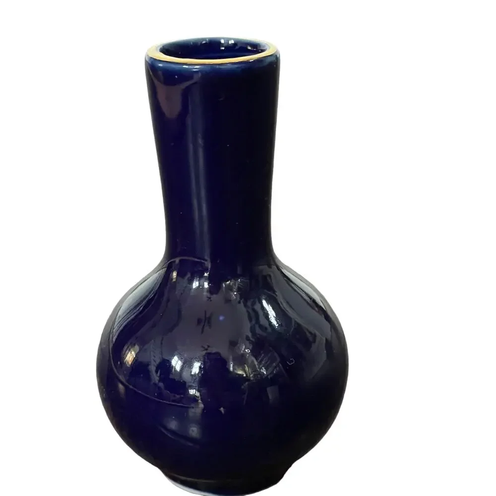 Cobalt Blue Bud Vase Porcelain Hand Painted Peacock Oriental Gold Rim Small READ